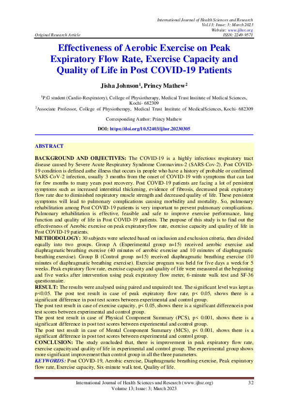 (PDF) Effectiveness of Aerobic Exercise on Peak Expiratory Flow Rate ...