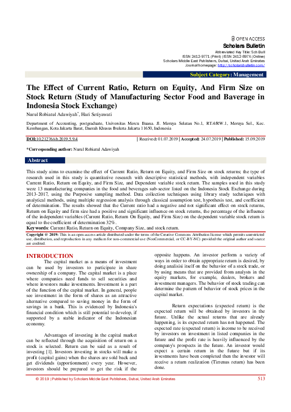(PDF) The Effect of Current Ratio, Return on Equity, And Firm Size on ...