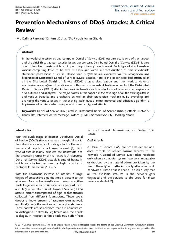 (PDF) Prevention Mechanisms of DDoS Attacks: A Critical Review