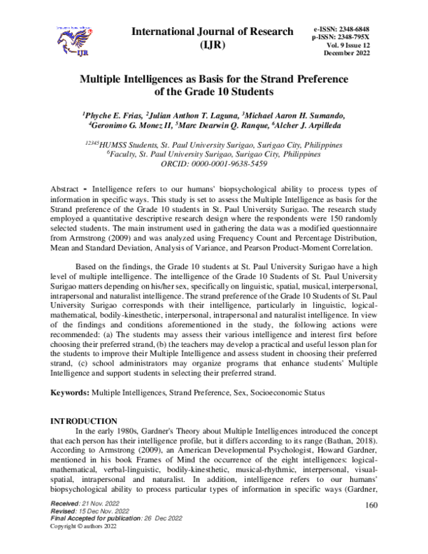 (PDF) Multiple Intelligences as Basis for the Strand Preference of the ...