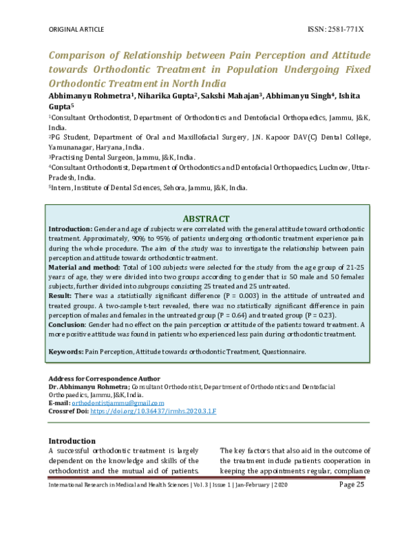 (PDF) Comparison of Relationship between Pain Perception and Attitude ...