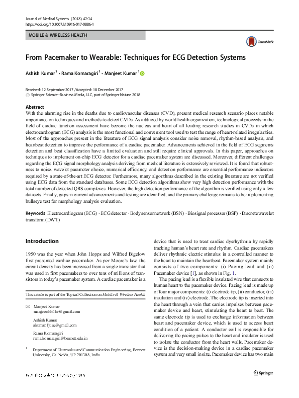 (PDF) From Pacemaker to Wearable: Techniques for ECG Detection Systems