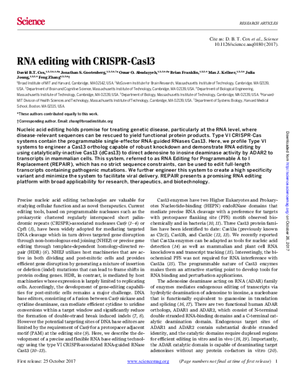 (PDF) RNA editing with CRISPR-Cas13