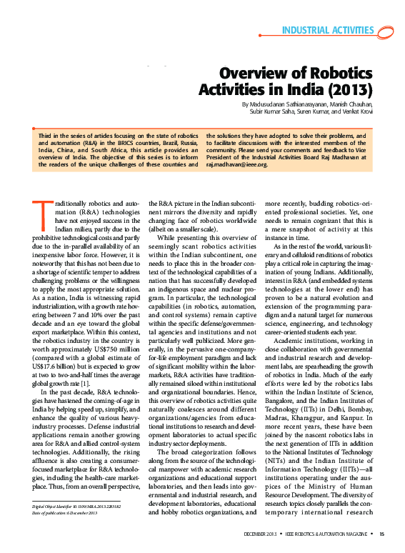 (PDF) Overview of Robotics Activities in India (2013) [Industrial ...