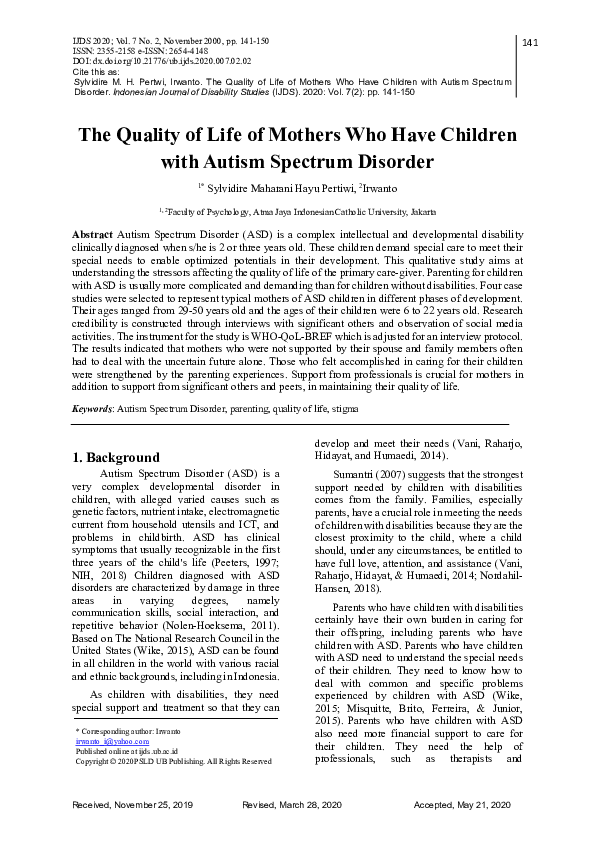 (PDF) The Quality of Life of Mothers Who Have Children with Autism ...