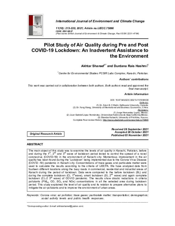 (PDF) Pilot Study of Air Quality during Pre and Post COVID-19 Lockdown ...