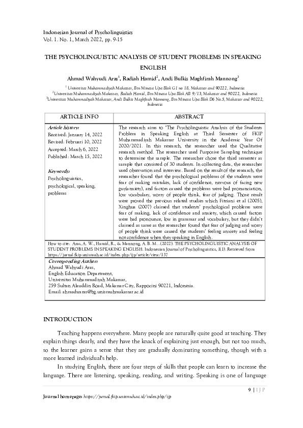 (PDF) The Psycholinguistic Analysis of Student Problems in Speaking English