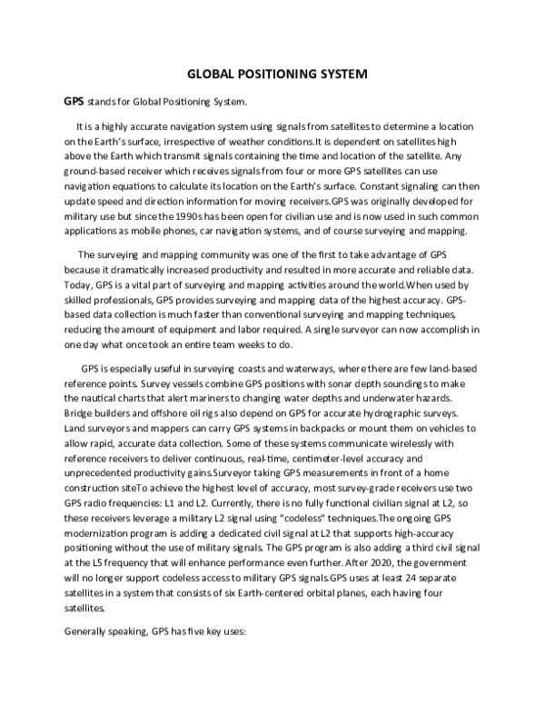 (DOC) GLOBAL POSITIONING SYSTEM GPS stands for Global Positioning