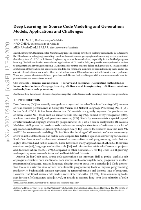 (PDF) Deep Learning for Source Code Modeling and Generation