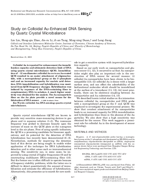 (PDF) Study on Colloidal Au-Enhanced DNA Sensing by Quartz Crystal ...