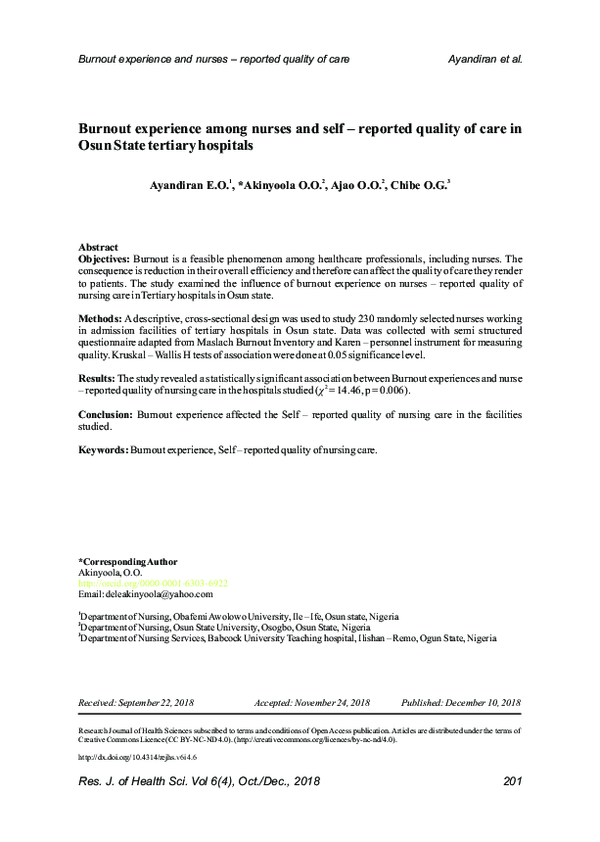 (PDF) Burnout experience among nurses and self – reported quality of ...