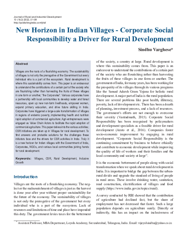 (PDF) New Horizon in Indian Villages Corporate Social Responsibility a ...