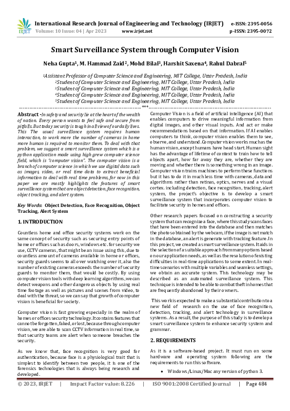 (PDF) Smart Surveillance System through Computer Vision