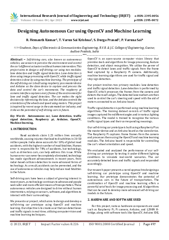 (PDF) Designing Autonomous Car using OpenCV and Machine Learning