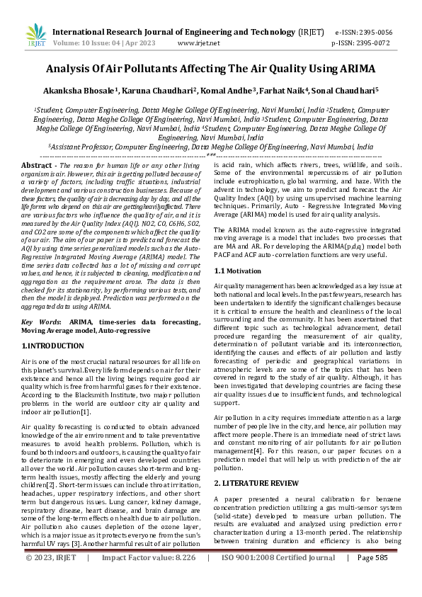 (PDF) Analysis Of Air Pollutants Affecting The Air Quality Using ARIMA