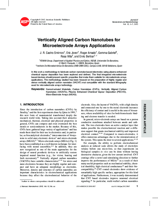 (PDF) Vertically Aligned Carbon Nanotubes for Microelectrode Arrays ...
