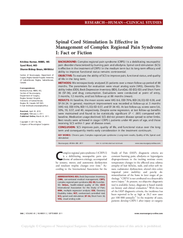 (PDF) Spinal Cord Stimulation Is Effective in Management of Complex ...