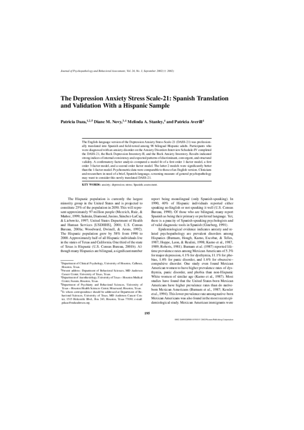(PDF) The Depression Anxiety Stress Scale21: Spanish Translation and ...