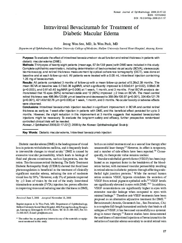 (PDF) Intravitreal Bevacizumab for Treatment of Diabetic Macular Edema