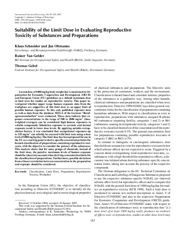Suitability of the Limit Dose in Evaluating Reproductive Toxicity of Substances and Preparations