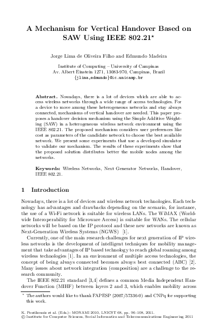 A Mechanism for Vertical Handover Based on SAW Using IEEE 802.21