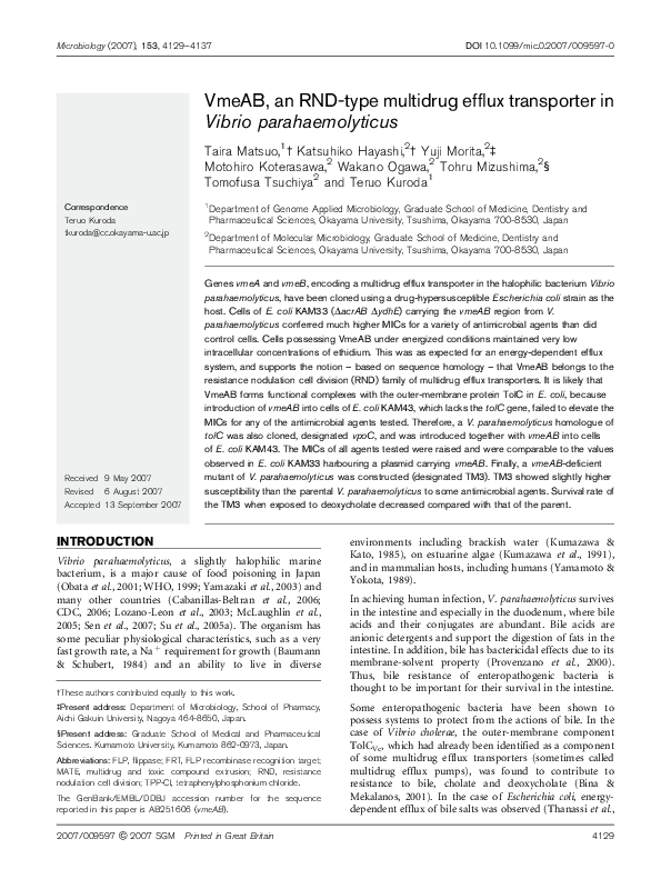(PDF) VmeAB, an RND-type multidrug efflux transporter in Vibrio ...