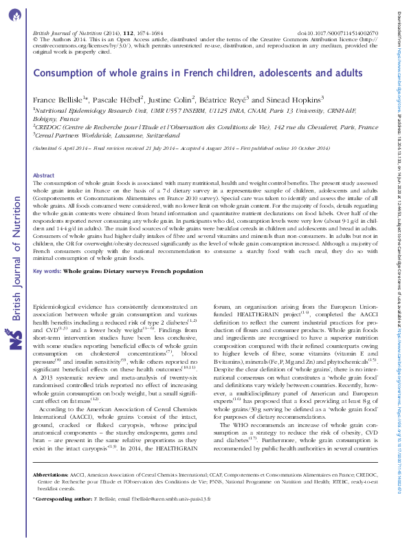 (PDF) Consumption of whole grains in French children, adolescents and ...