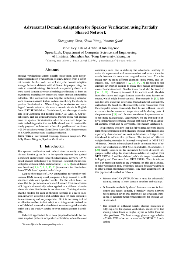 (PDF) Adversarial Domain Adaptation for Speaker Verification Using ...