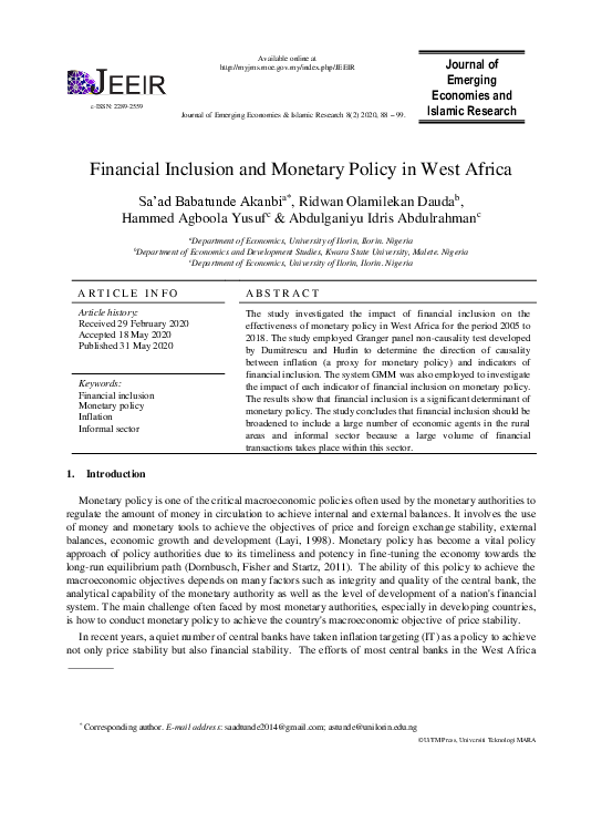 (PDF) Financial Inclusion and Monetary Policy in West Africa