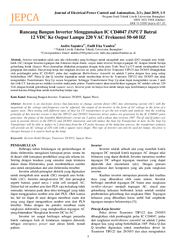 (PDF) Rancang Bangun Inverter Menggunakan IC CD4047 INPUT Batrai 12 VDC