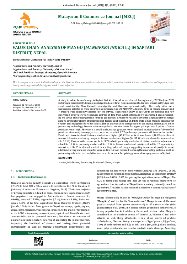 (PDF) Value Chain Analysis of Mango (Mangifera Indica L.) in Saptari ...