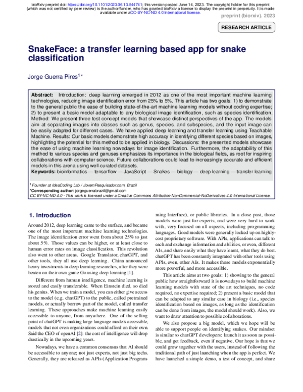 (PDF) SnakeFace: a transfer learning based app for snake classification