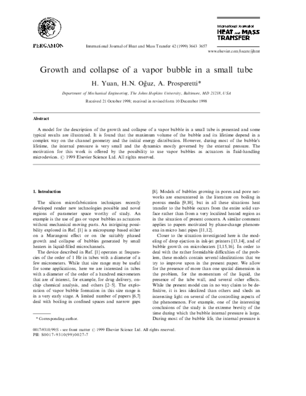 (PDF) Growth and collapse of a vapor bubble in a small tube
