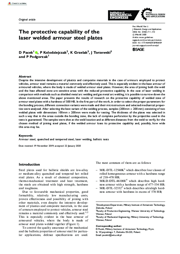 (PDF) The protective capability of the laser welded armour steel plates
