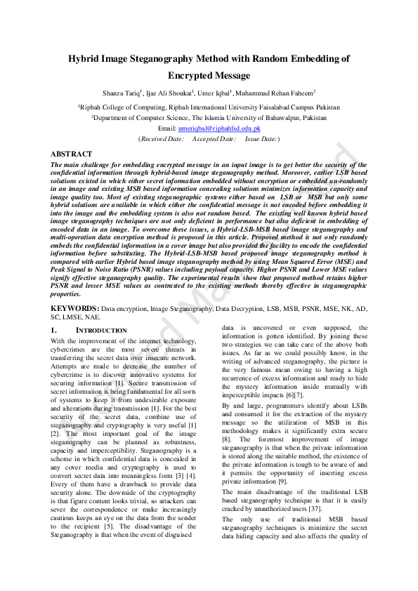 (PDF) Hybrid Image Steganography Method with Random Embedding of ...