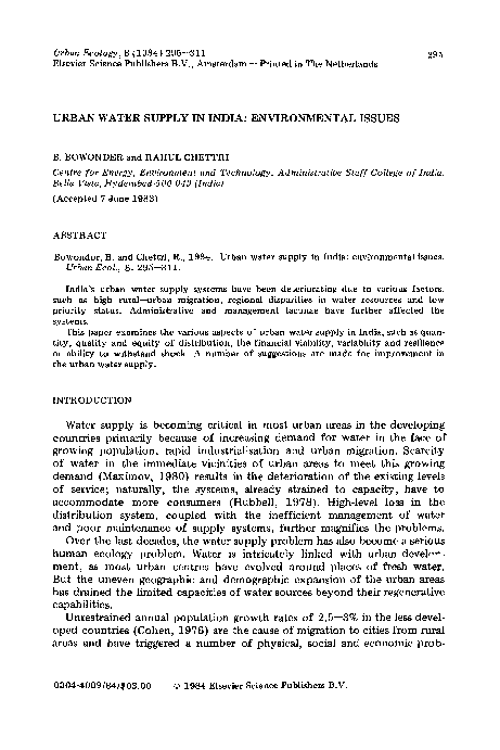 (PDF) Urban water supply in India: Environmental issues