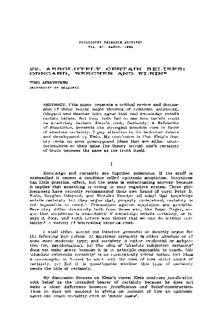 (PDF) Absolutely Certain Beliefs