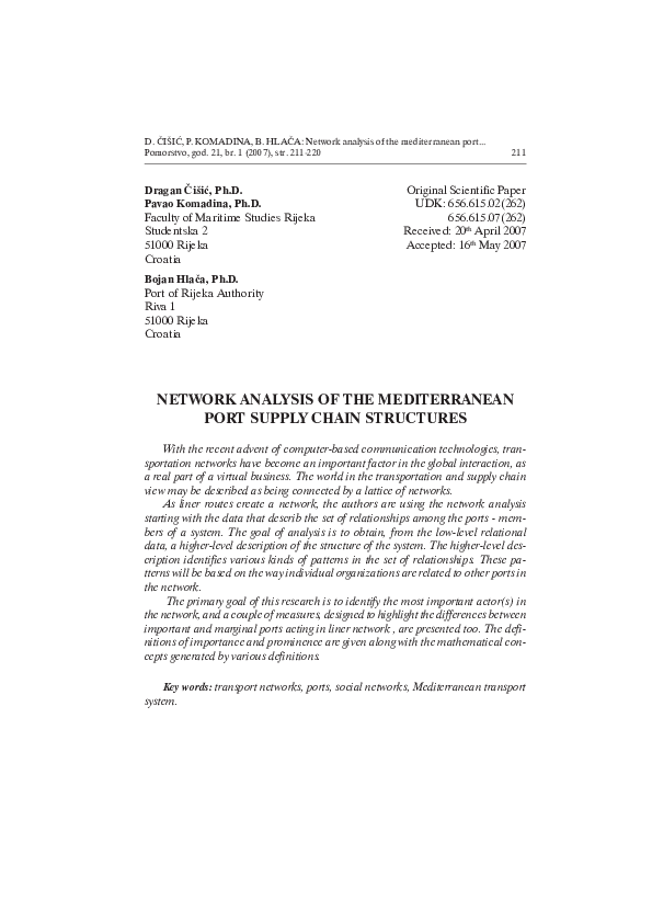 (PDF) Network Analysis of the Mediterranean Port Supply Chain Structures