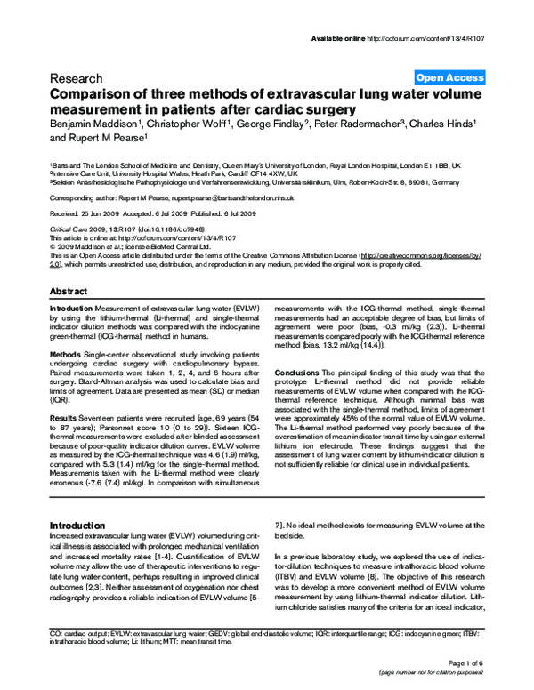 (PDF) Comparison of three methods of extravascular lung water volume ...
