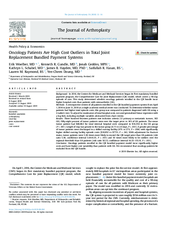 (PDF) Oncology patients are high cost outliers in total joint ...