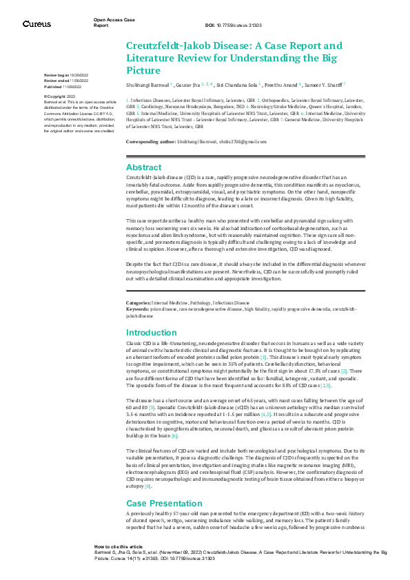 (PDF) CreutzfeldtJakob Disease A Case Report and Literature Review