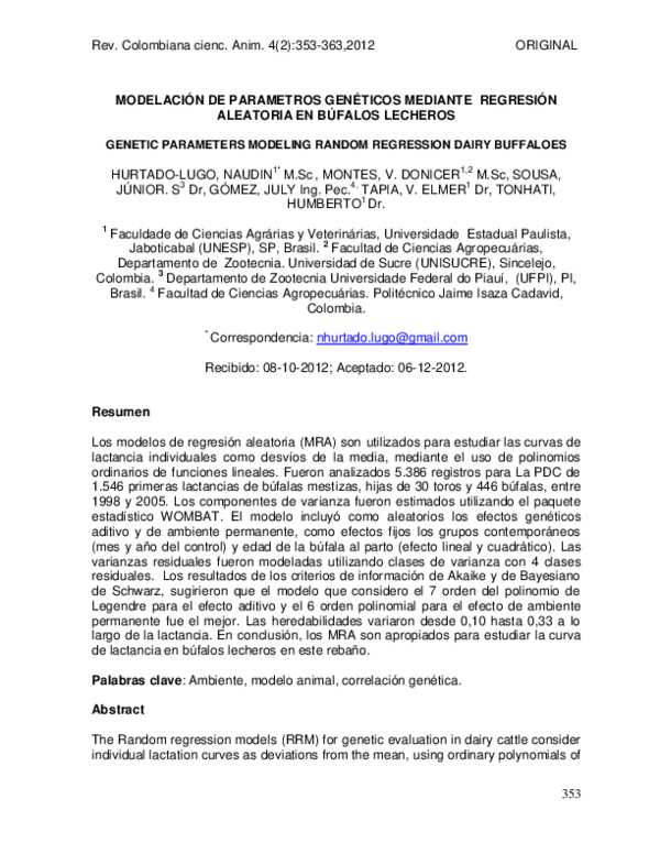 (PDF) Genetic Parameters Modeling Random Regression Dairy Buffaloes