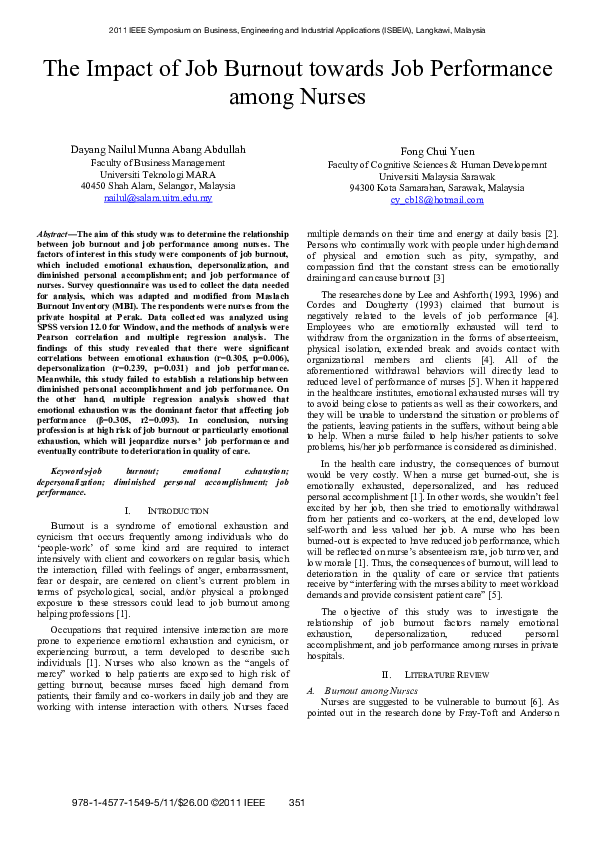 (PDF) The impact of job burnout towards job performance among nurses