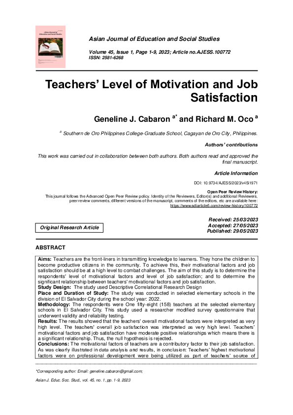(PDF) Teachers’ Level of Motivation and Job Satisfaction