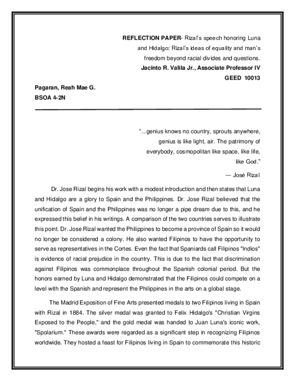 (PDF) REFLECTION PAPER-Dr. Jose Rizal's speech honoring Luna and Hidalgo