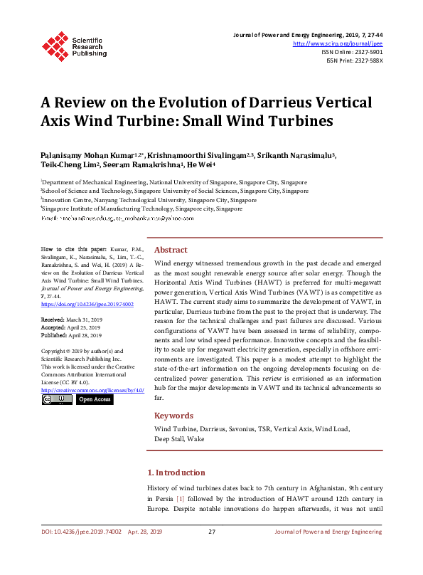 (PDF) A Review on the Evolution of Darrieus Vertical Axis Wind Turbine ...