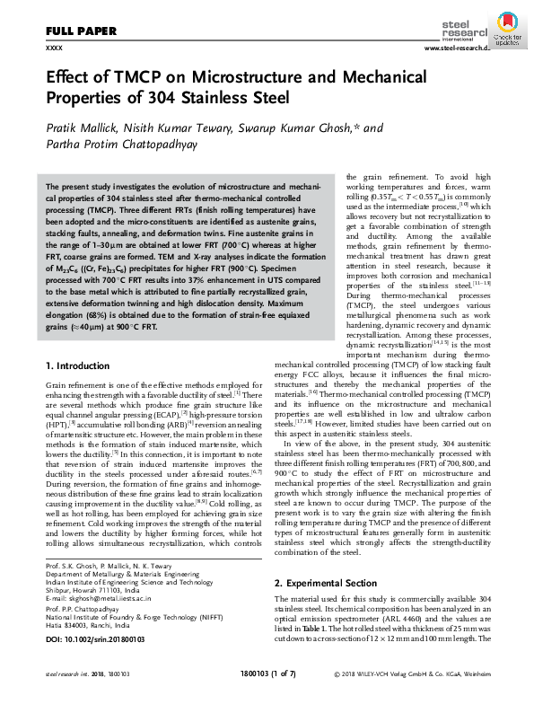 (PDF) Effect of TMCP on Microstructure and Mechanical Properties of 304 ...