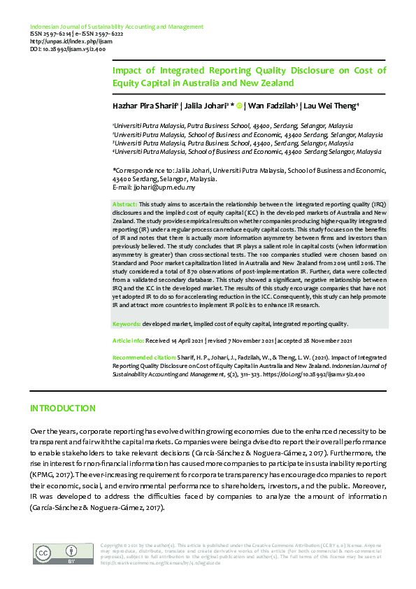 (PDF) Impact of Integrated Reporting Quality Disclosure on Cost of ...