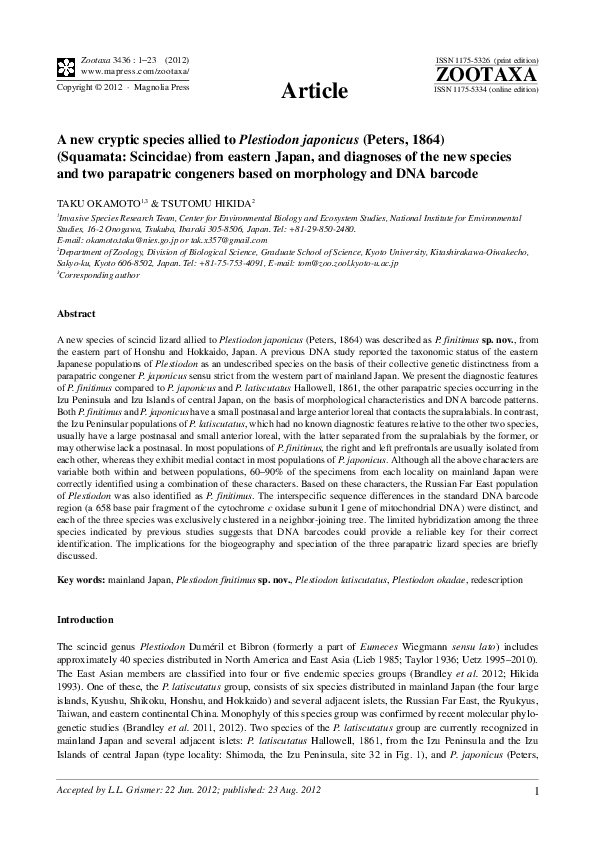 (PDF) A new cryptic species allied to Plestiodon japonicus (Peters ...