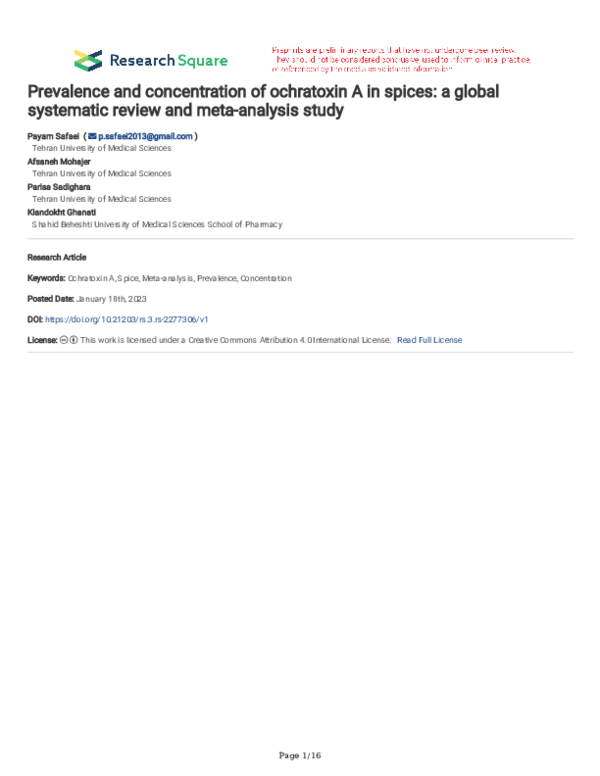 (PDF) Prevalence and concentration of ochratoxin A in spices: a global ...